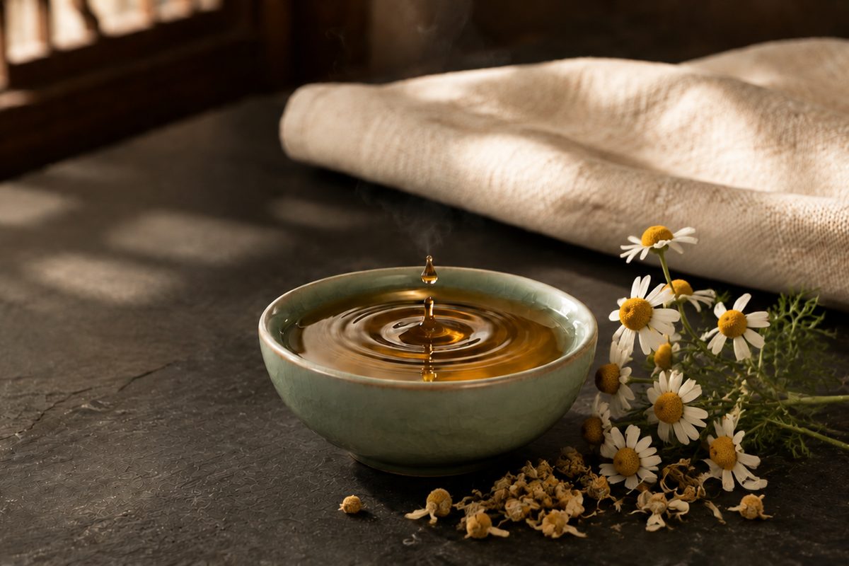 Schale mit Massageöl, daneben frische und getrocknete Kamillenblüten
