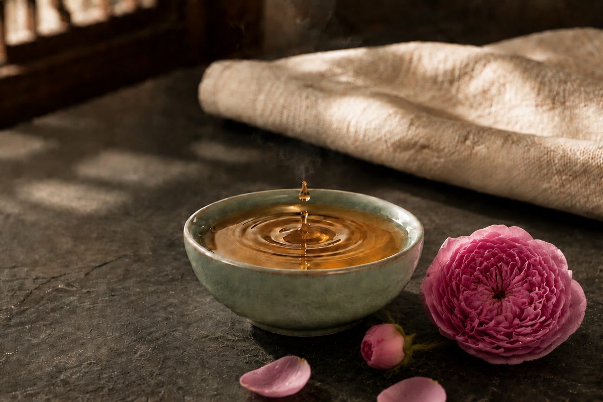 Schale mit Massageöl, daneben eine Damaszener Rose mit Knospe