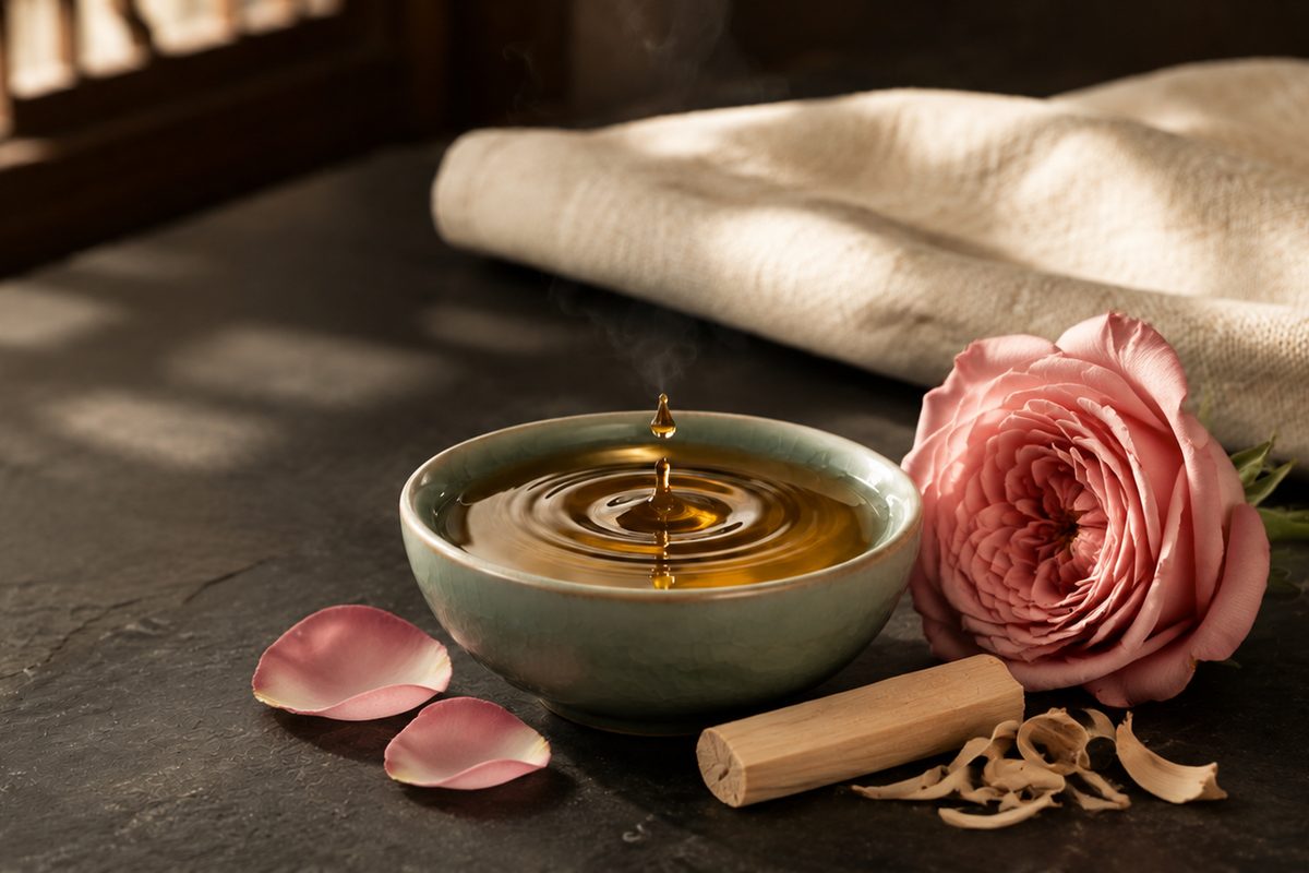 Schale mit Massageöl, daneben eine Rose und ein Stück Sandelholz