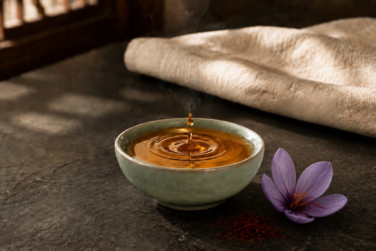 Schale mit Massageöl, daneben eine Safranblüte und Safranfäden