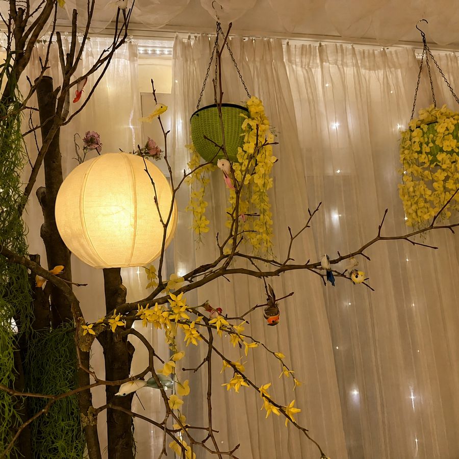 Dekorative Zweige mit Papierlampe vor einem Lichtervorhang