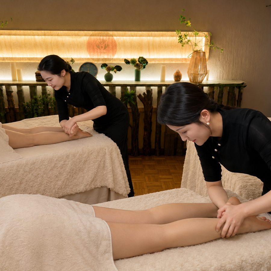 Zwei Masseurinnen bei der Beinmassage