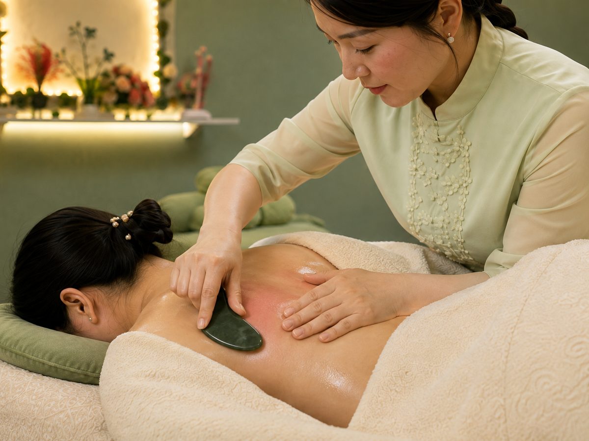 Masseurin zieht einen Gua-Sha-Schaber über den geölten Rücken
