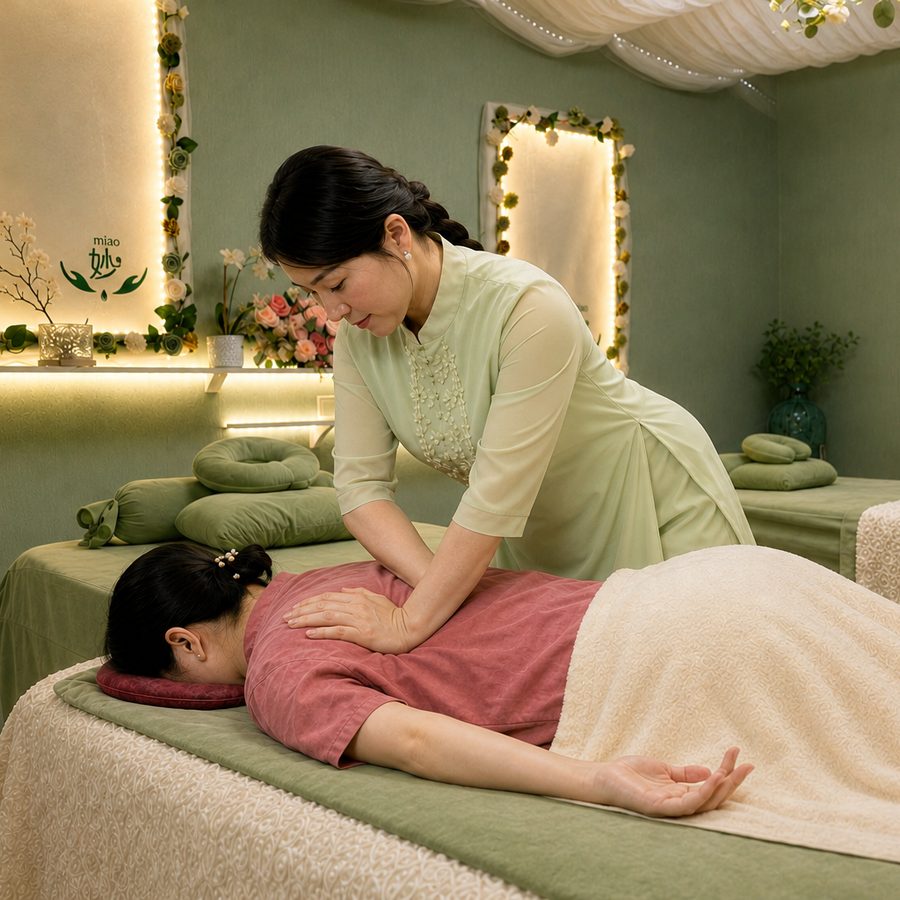 Masseurin arbeitet mit beiden Händen tief in den Rücken